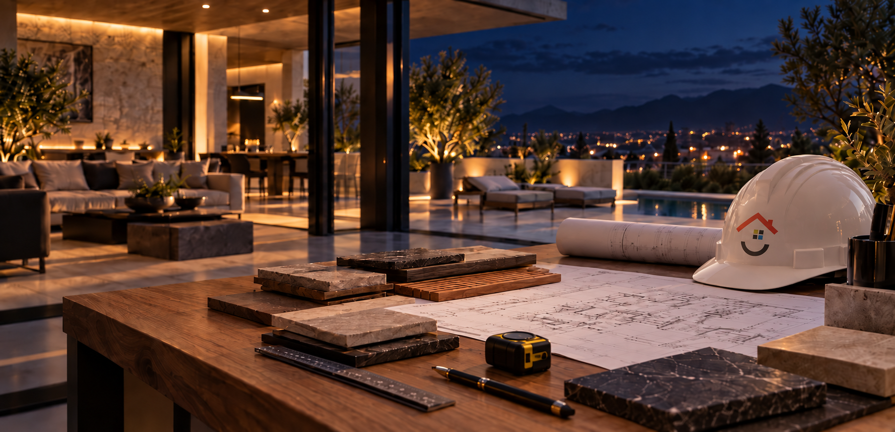 Proyecto profesional de remodelación y construcción en versión nocturna con planos, materiales y casco VACO